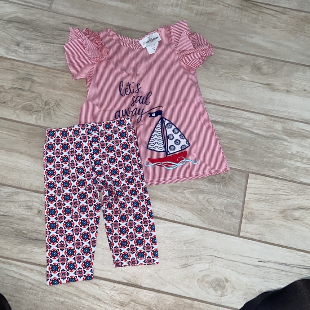 Girls 18 Months Nautical Red White Stripes Outfit - Picture 7 of 9